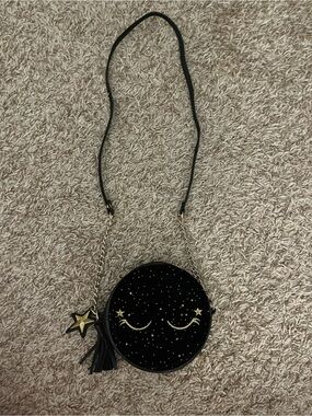 Black Starry Round Crossbody Bag with Gold Accents